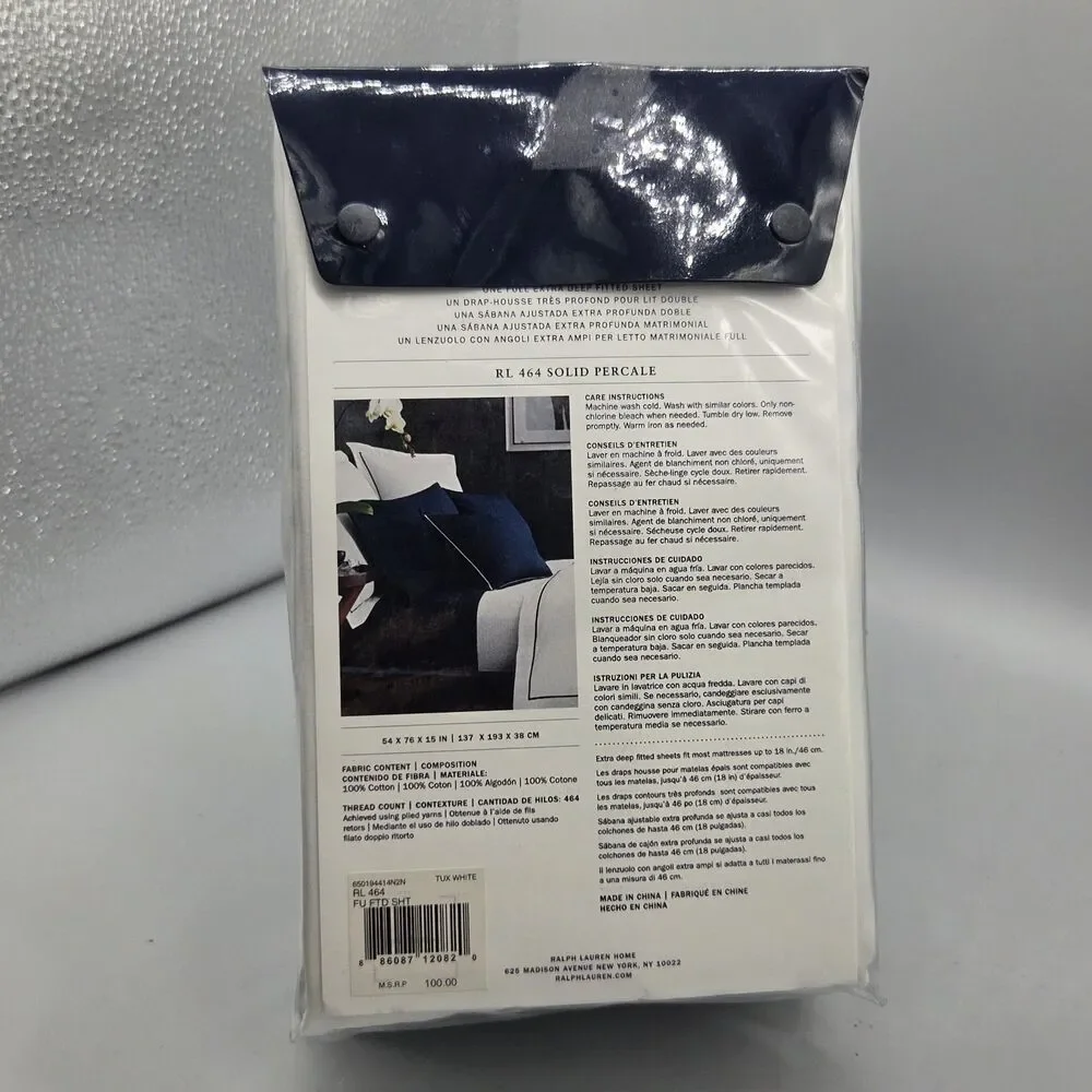 RALPH LAUREN  FULL EXTRA DEEP   FITTED SHEET 464 White  100% Cotton Percale NEW